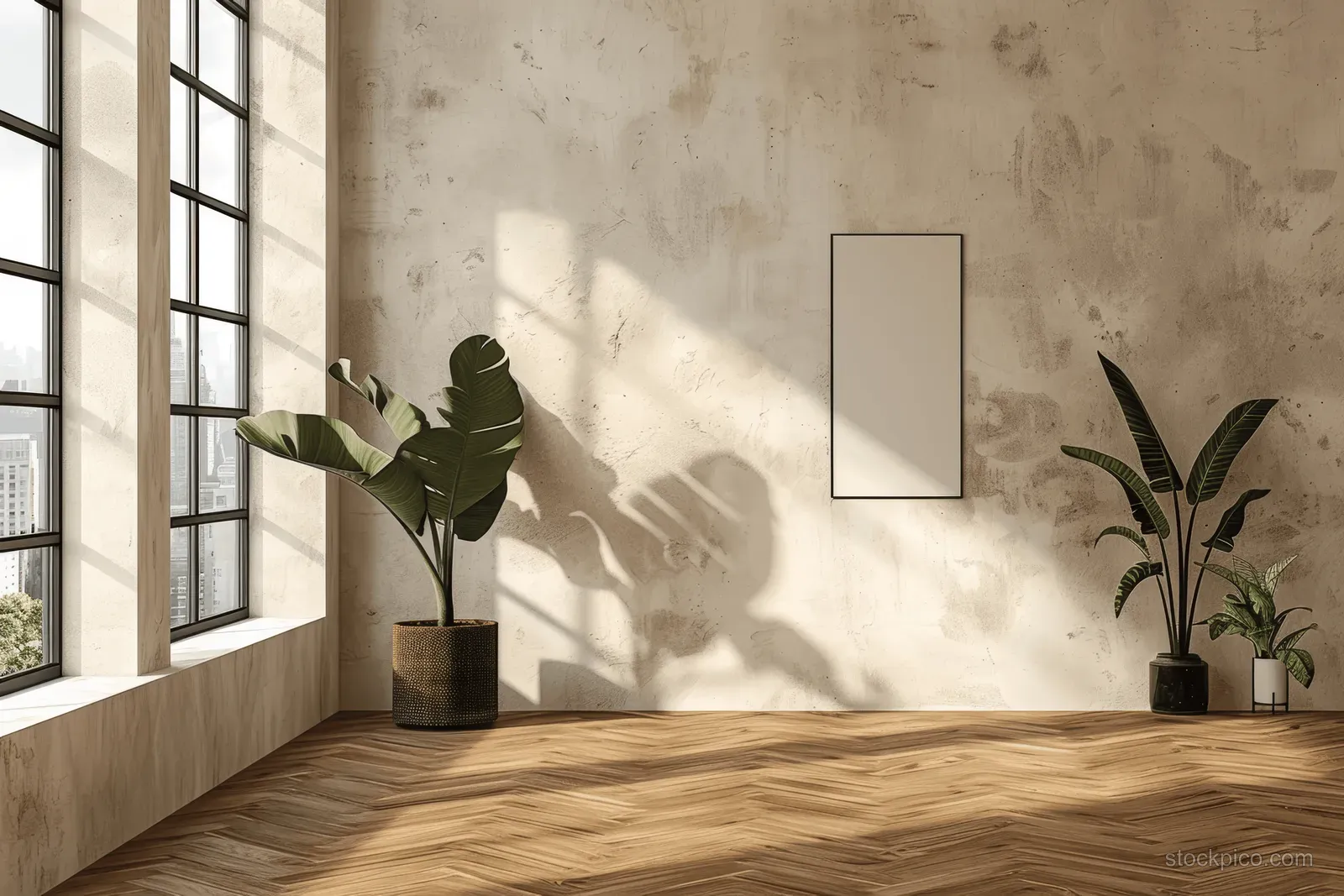 Sunlit minimalist room corner with large windows, herringbone wooden floor, and three potted plants beside a textured wall.