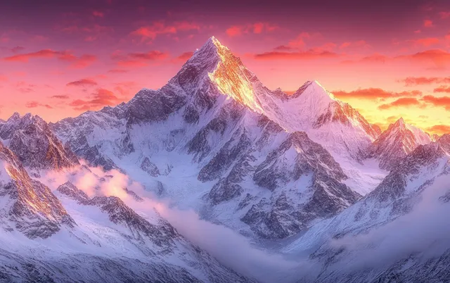 Snowy mountain peaks glow under warm sunset light with mist drifting between ridgelines beneath an orange-pink sky.
