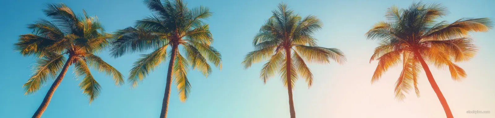 Tall palm trees line a tropical beach horizon under a blue and orange sunset sky.