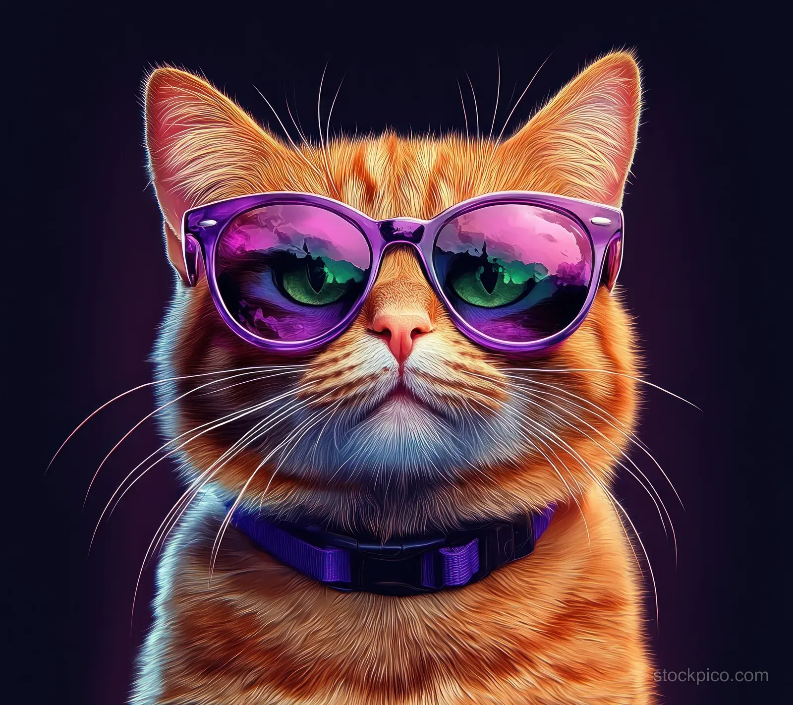 Close-up portrait of a ginger cat wearing purple sunglasses with glowing green eyes on a gradient background.