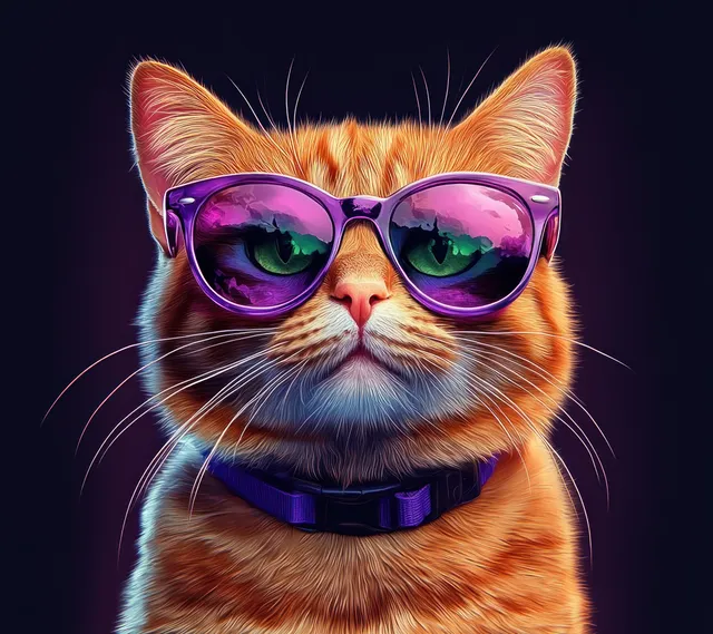 Close-up portrait of a ginger cat wearing purple sunglasses with glowing green eyes on a gradient background.
