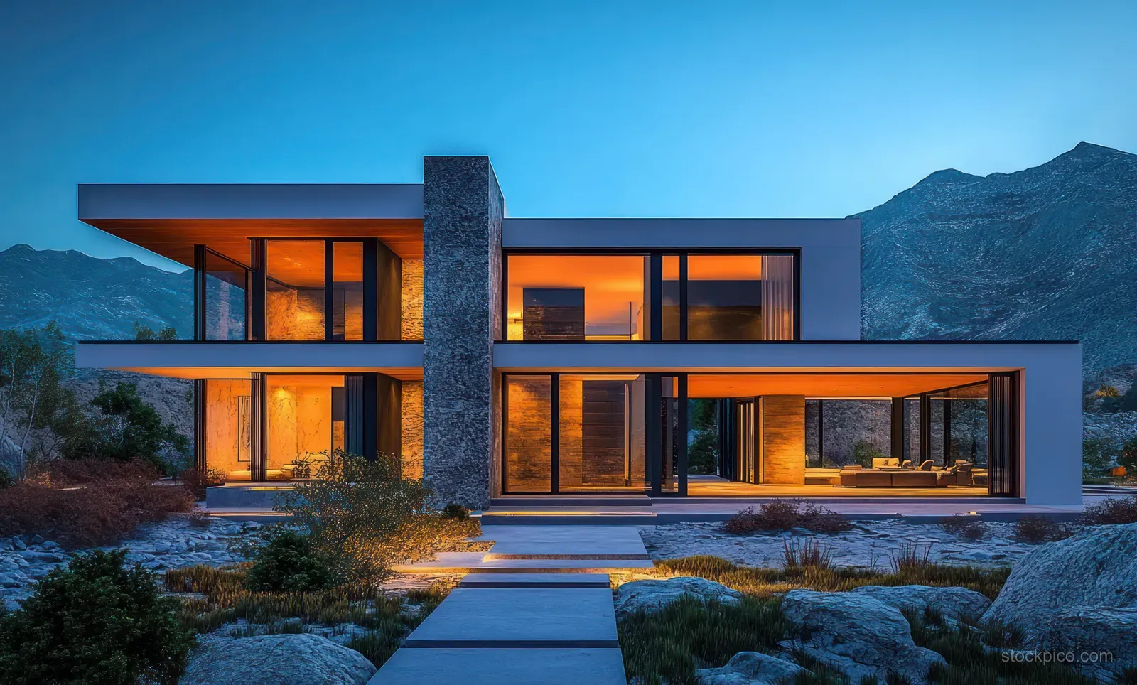 Two-story modern house illuminated at dusk with large glass windows, stone path, and mountains behind.
