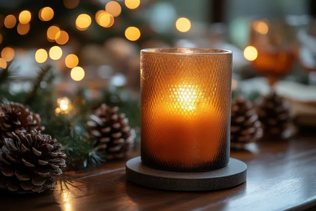 A lit Christmas candle on a table with pinecones and softly glowing bokeh lights behind it.