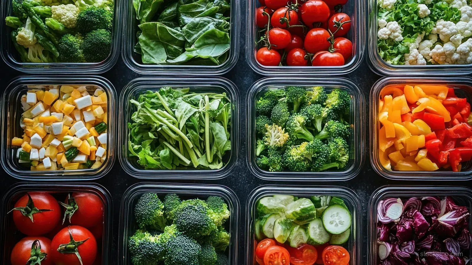 Overhead arrangement of fresh vegetables in clear containers with tomatoes, broccoli, greens, and diced produce under natural light.