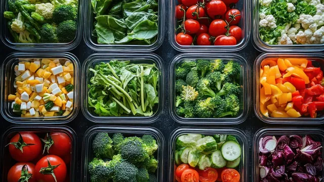 Overhead view of assorted fresh vegetables packed in clear square containers under natural light