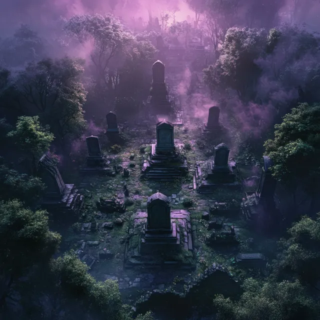 Misty overgrown ancient cemetery with dark tombstones and eerie purple light beams through fog.