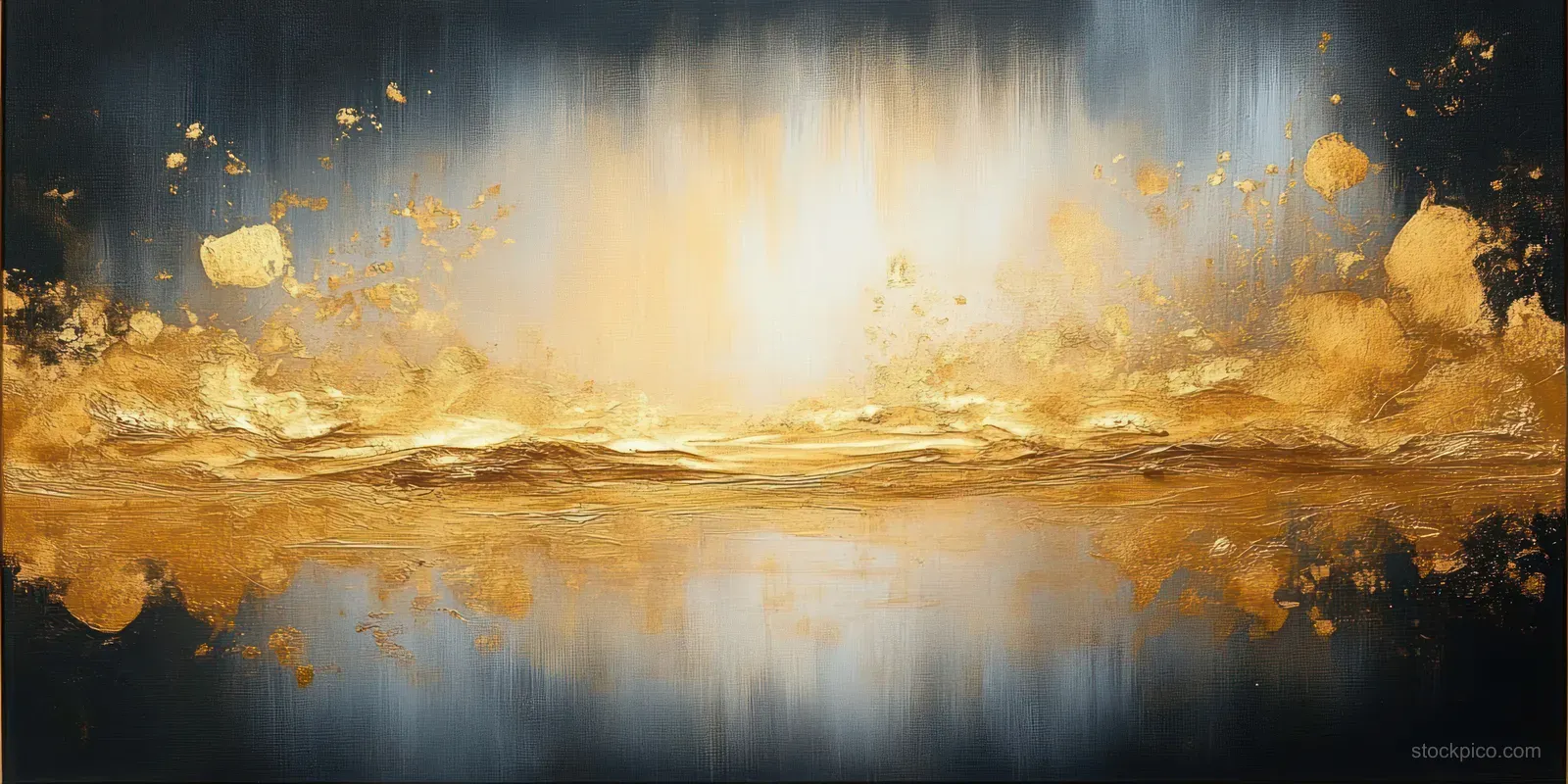 An abstract gold painting with a central glowing light burst over a soft white background and scattered metallic flecks.