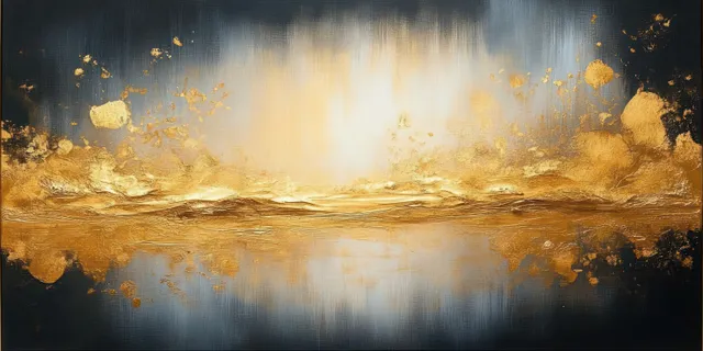 Gold textured abstract painting with glowing burst over soft white background