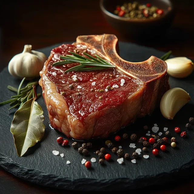 Raw T-bone steak on a dark slate board surrounded by garlic, rosemary, bay leaves, and peppercorns.