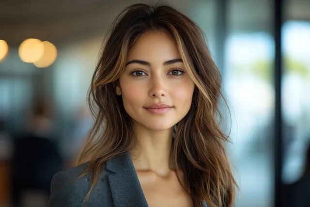 Smiling businesswoman in a tailored blazer, framed by sunlit modern office windows
