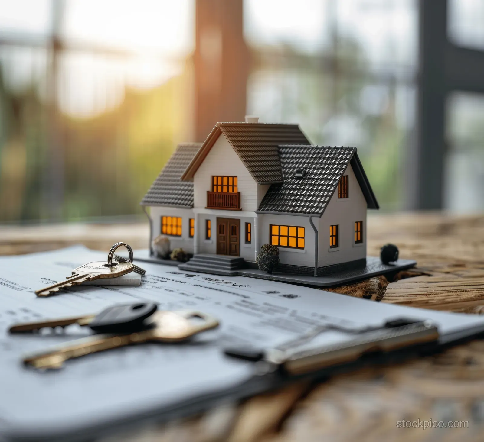 Miniature house model on an office desk with legal documents and keys in soft focus.