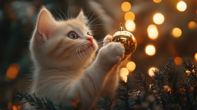 White kitten with blue eyes pawing a golden Christmas ornament with warm bokeh holiday lights in the background.