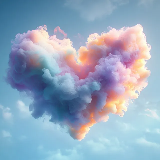 A heart-shaped fluffy cloud glows in pastel colors floating in a blue daytime sky.