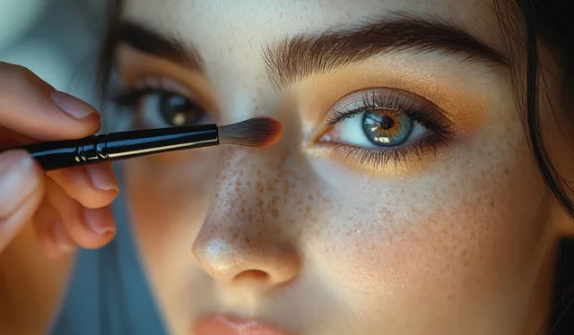 Makeup artist applies gold shimmer near woman’s eyelashes in intimate eyelid close-up