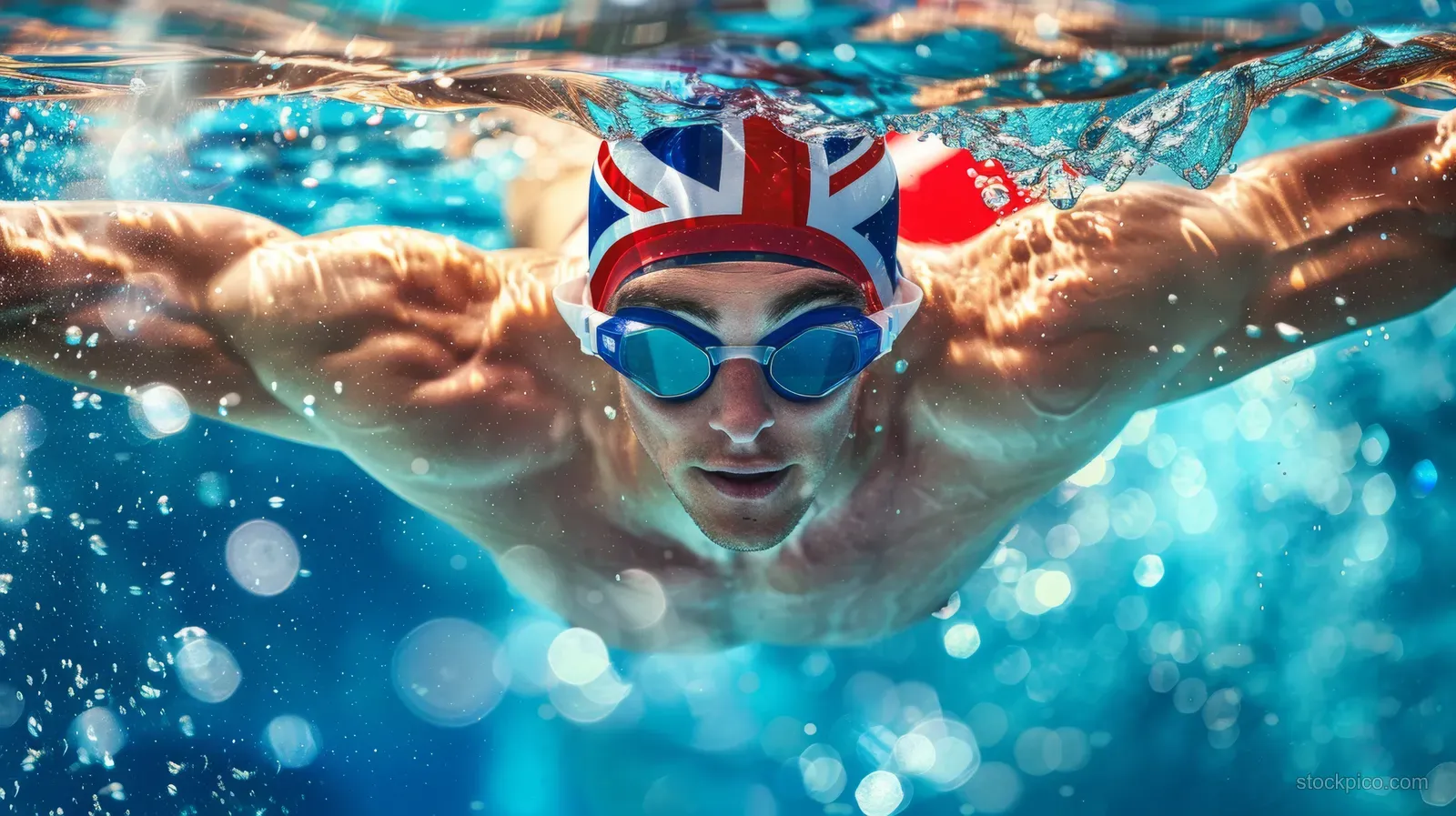 Male swimmer breaststroking in a blue pool with splashing water and an Australian flag graphic.
