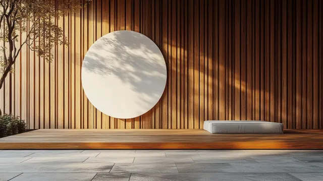 Blank circular signboard mockup hangs on a vertical wooden slatted wall with warm light and tiled floor below.