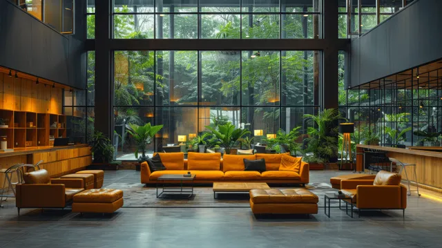 Orange sofas and leather chairs sit on a concrete floor beneath tall glass windows in an open office lounge.