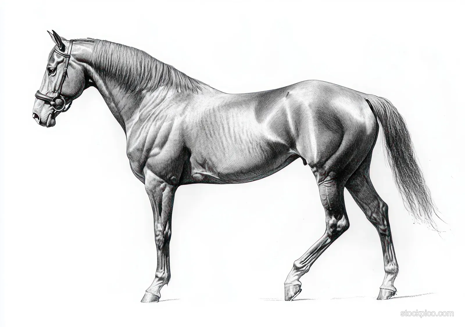 Black-and-white pencil sketch of a standing horse in profile with detailed mane and muscular legs.