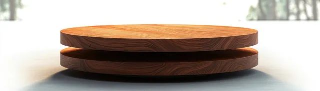 Two stacked round wooden platforms with visible wood grain sit on a smooth reflective surface under soft natural light.