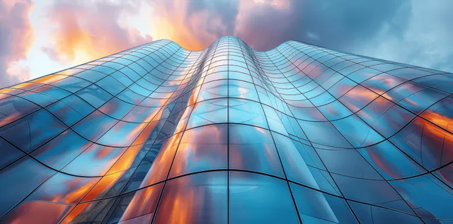 Futuristic glass and steel skyscraper with curved façade under dramatic sunset sky