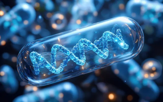 Futuristic DNA capsule with glowing blue double helix suspended inside transparent gel chamber
