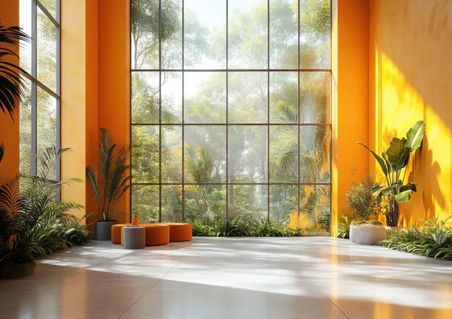 Sunlit modern office interior with orange walls, minimalist desk, potted plants, and a large grid window view.