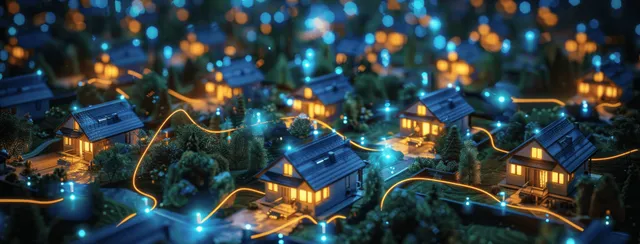 High-angle night neighborhood showing glowing lines linking smart houses across rooftops and streets.