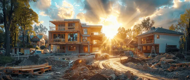 Sunrise illuminates a construction site with a crane, scaffolding, and steel framed buildings in Scandinavian style.