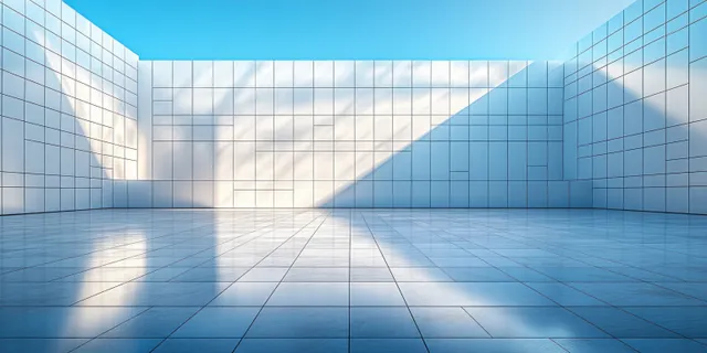 Geometric tiled interior corridor with rectangular patterns, vanishing lines, and blue-white contrast