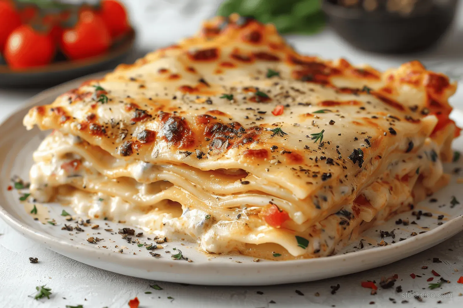 A slice of beef lasagna topped with melted cheese and herbs on a white plate.