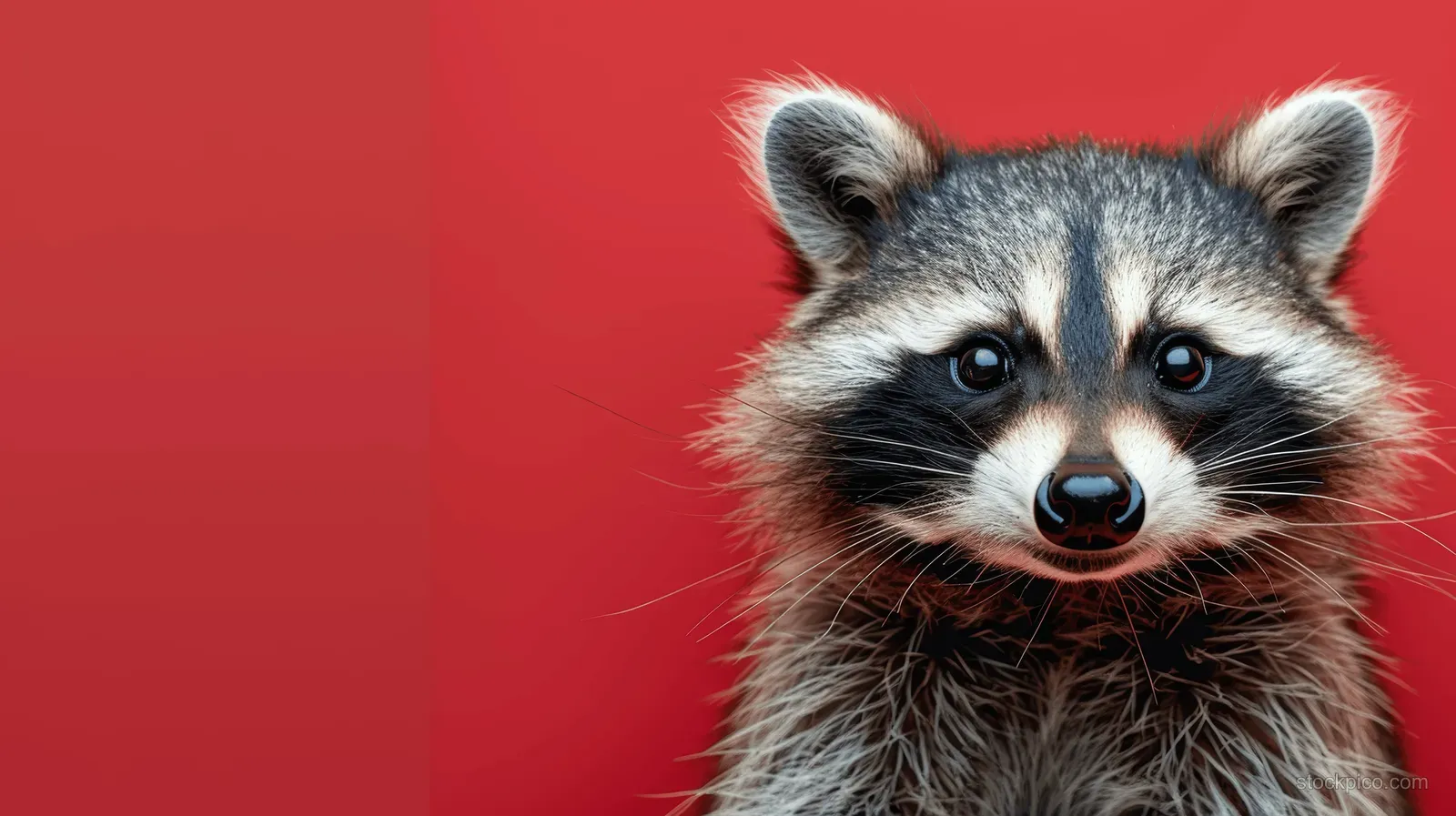 A raccoon peeking toward the camera on a solid bright red background with visible whiskers and alert eyes.