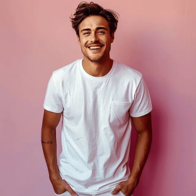 Smiling young man in white t-shirt posing against soft pink studio background