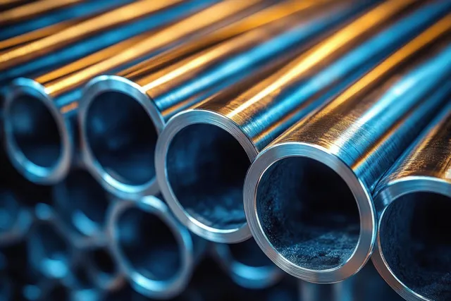 Polished steel pipes arranged in parallel with reflective blue and orange highlights along their open ends.