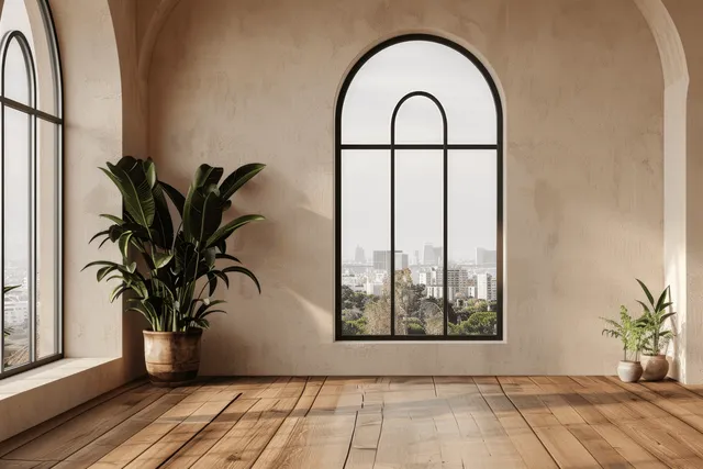 Sunlit interior room with arched windows overlooking a city skyline and wooden floor