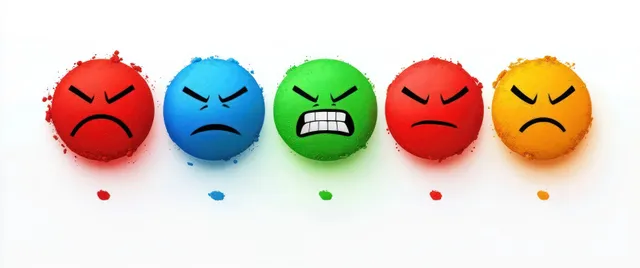 Five round colorful emoticon faces with angry and frustrated expressions sit in a row on a white background.