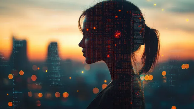 Woman in cyberpunk silhouette with data overlays and glowing network lights at city sunset