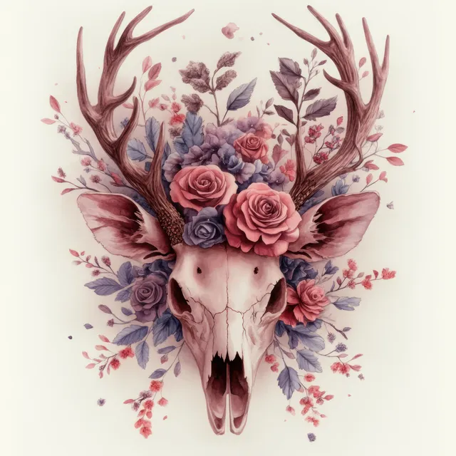 Watercolor deer skull with antlers decorated by pastel roses, floral branches, and delicate feathers on a light background.