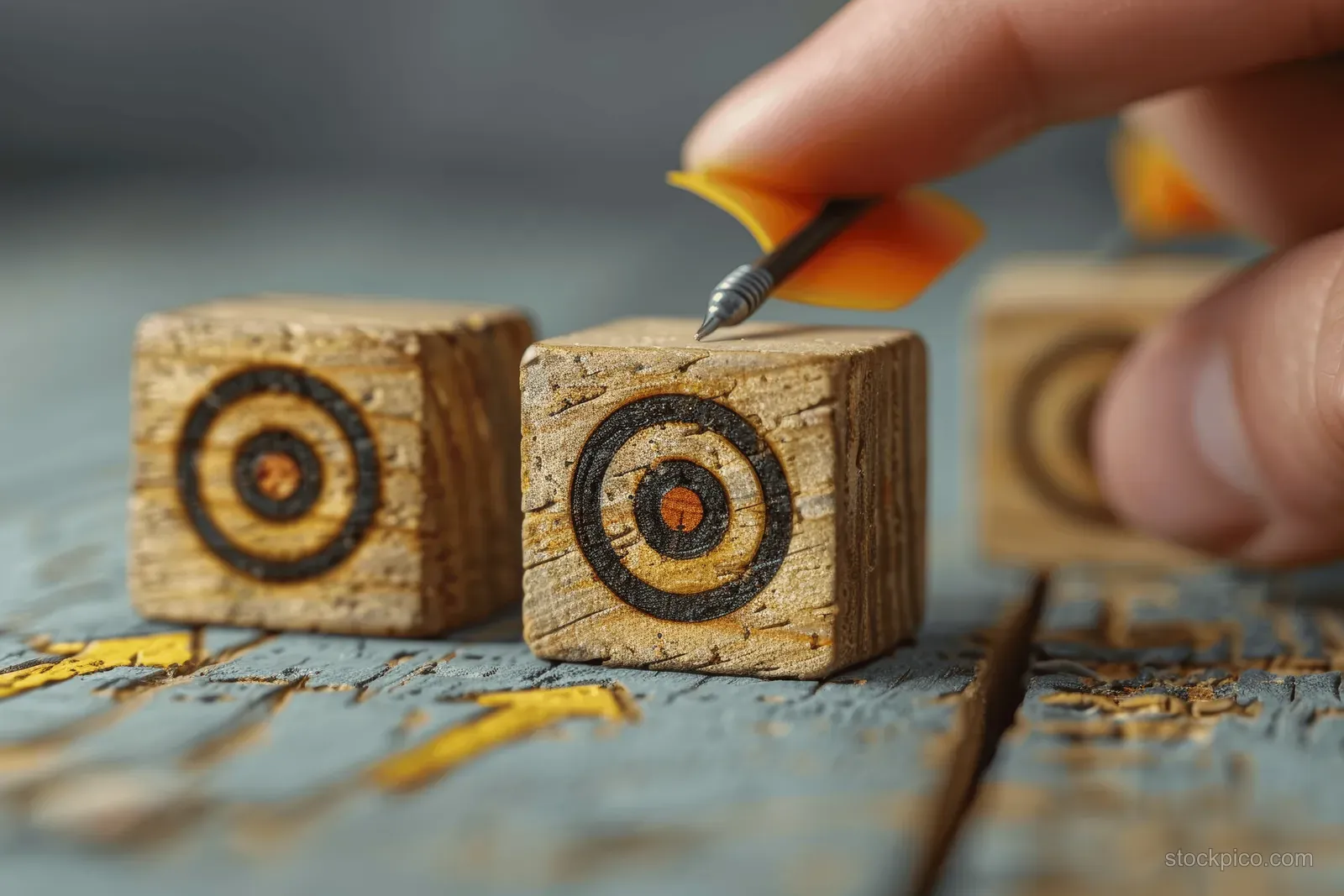 A hand places a pencil-marked dartboard goal symbol on wooden blocks scattered on a target-themed surface.