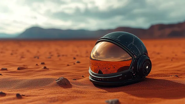 Black astronaut helmet with gold visor resting on orange desert sand under cloudy sky