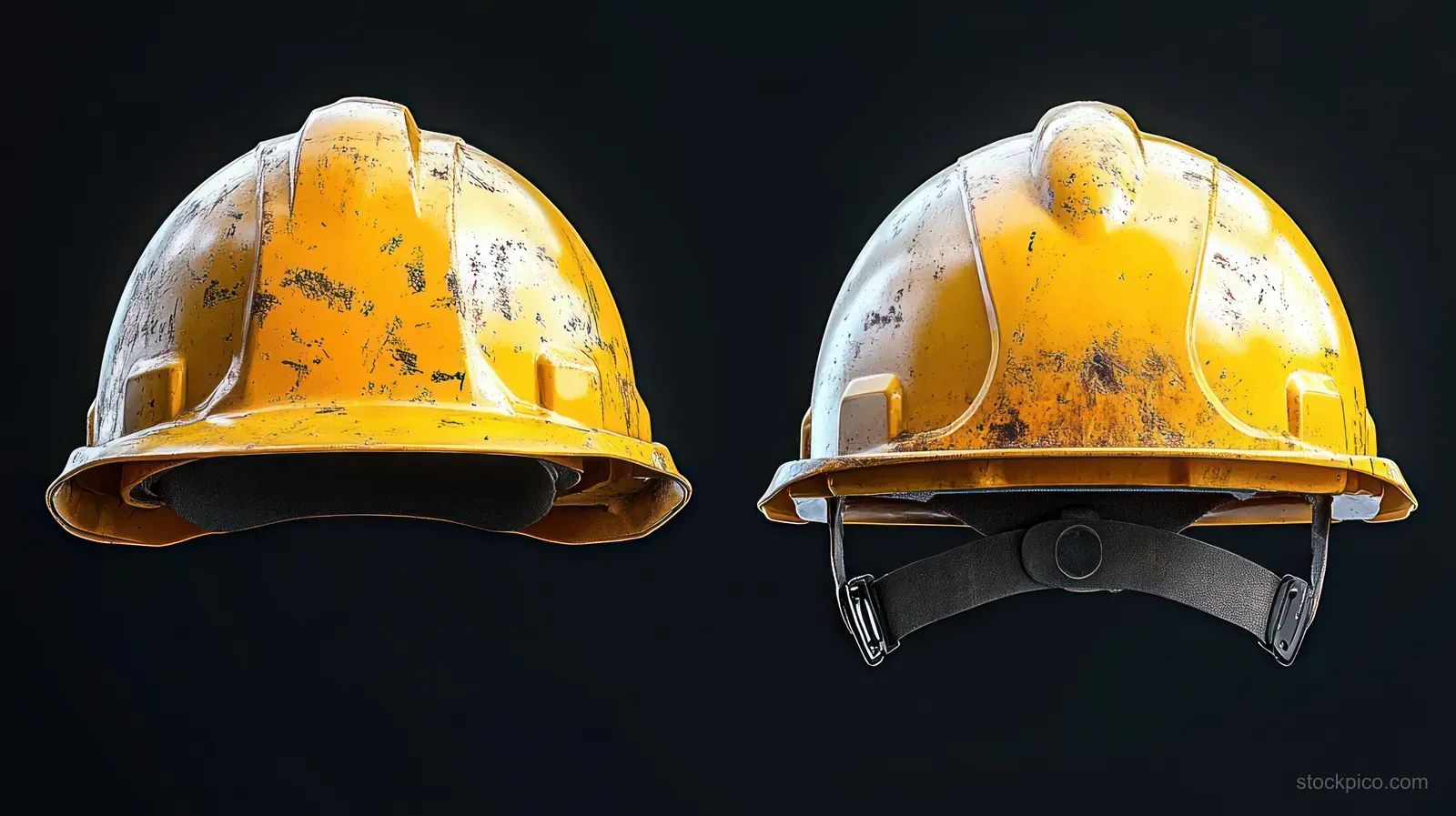 Two worn yellow safety helmets with scratches and dirt spots isolated on a black background.