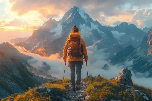 A backpacked hiker walks a mountain trail with sunrise light over the Alps and distant peaks.