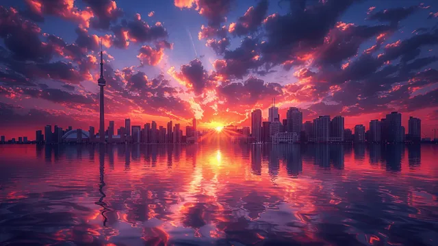 Toronto skyline at sunset with dramatic clouds and reflections shimmering on the surface of Lake Ontario.