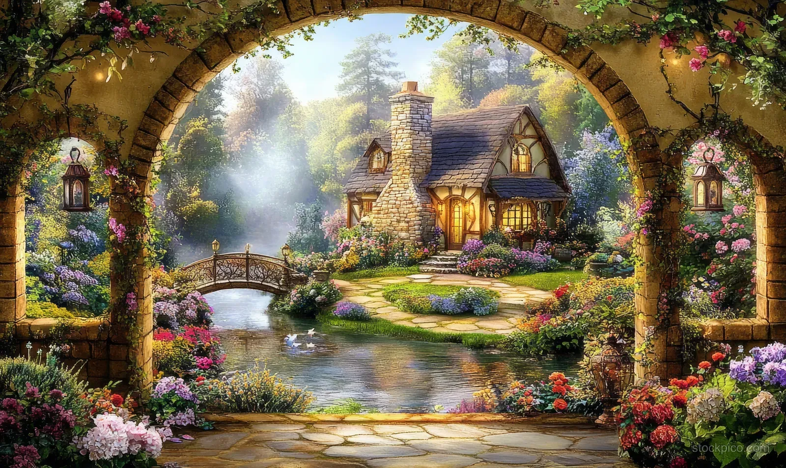 A stone archway frames a misty cottage garden with glowing lanterns, a stream, and vibrant flowers.