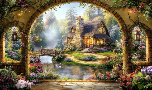 A stone archway frames a misty cottage garden with glowing lanterns, a stream, and vibrant flowers.