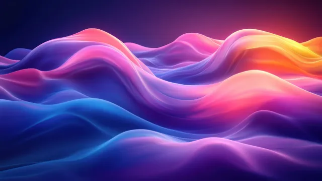 Flowing neon ribbons ripple across a dark blue and purple abstract gradient background with Neon Wave Art