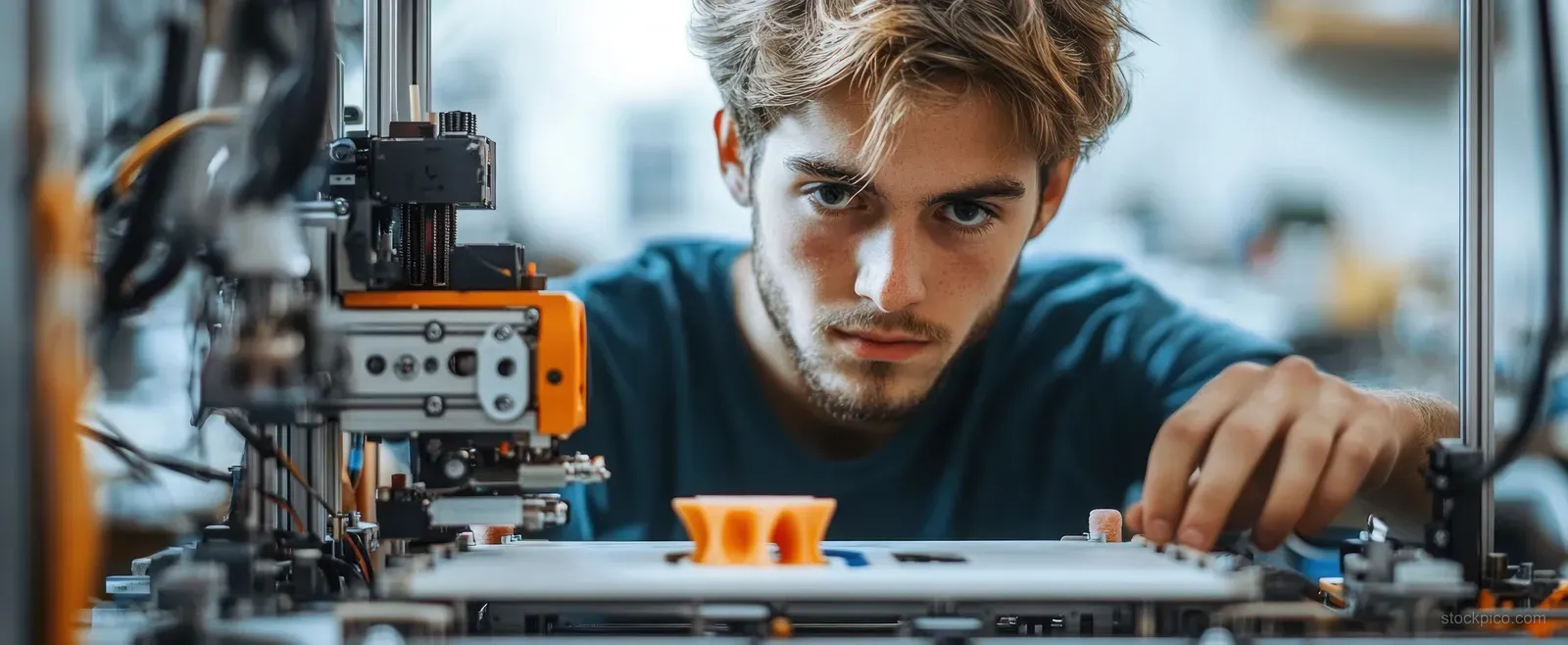 A focused young man operates a 3D printer while an orange plastic object prints on the build plate.