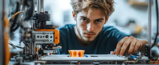 Focused young man monitoring 3D printer, orange plastic print glowing on build plate
