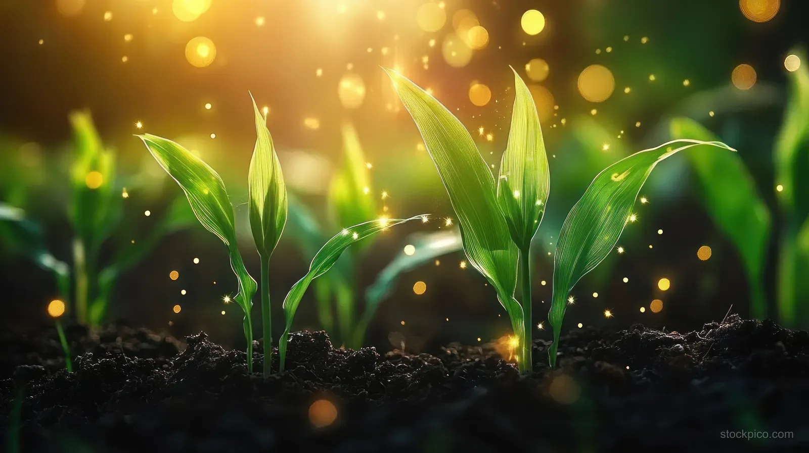 Corn seedlings sprout from dark soil with glowing bokeh lights and translucent data infographic overlays.