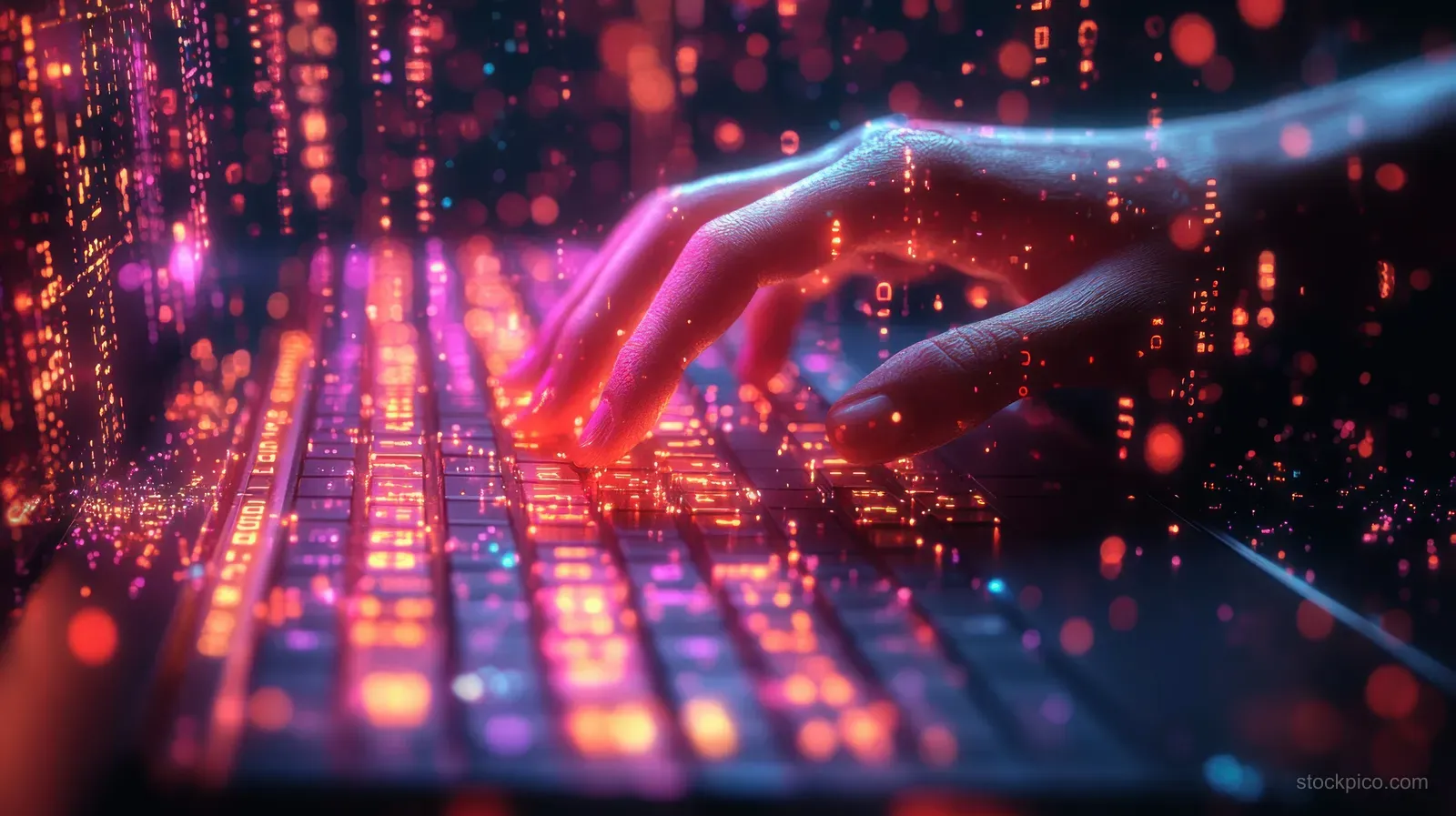 A glowing futuristic hand types on a laptop keyboard surrounded by neon digital code and data streams.