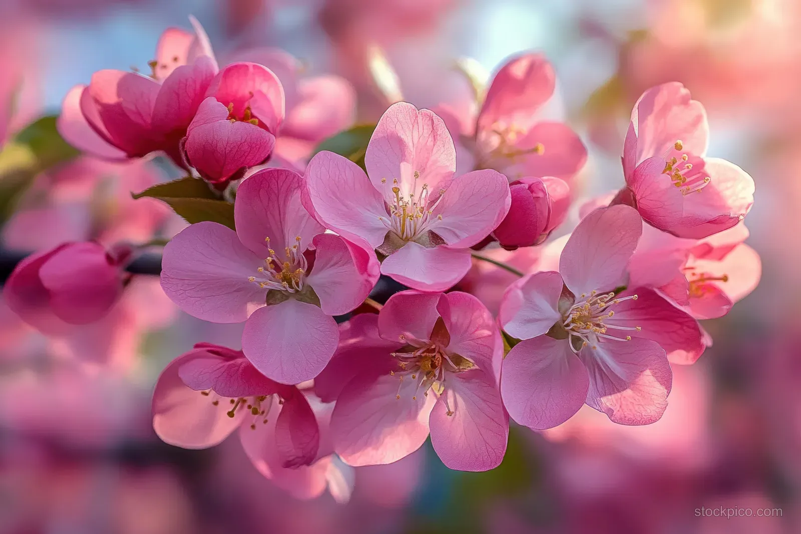 Pink cherry blossoms with yellow stamens bloom in soft sunlight while the background stays blurred.